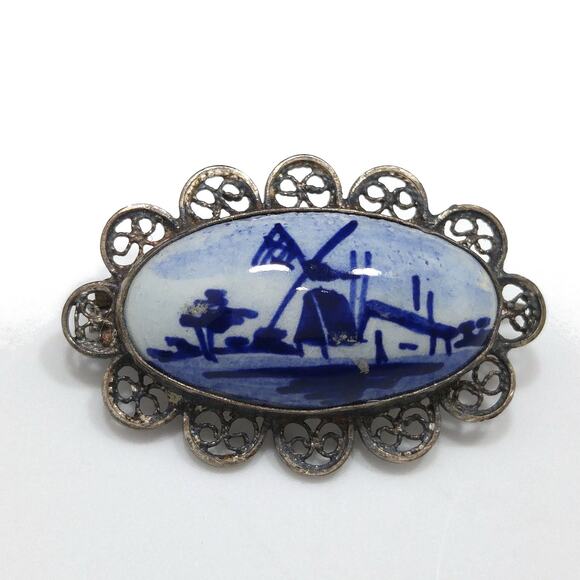 Dutch Delft 835 Silver Filigree Brooch, Windmill Porcelain Pin, 1940s Vintage - Picture 3 of 10